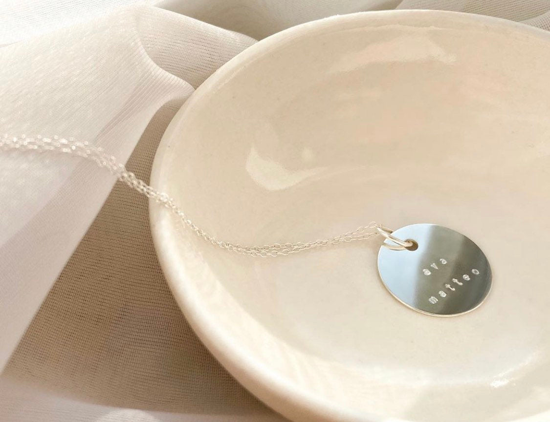 Large custom sterling silver circle pendant necklace - hypoallergenic - tarnish resistant - name necklace - date necklace - coordinates