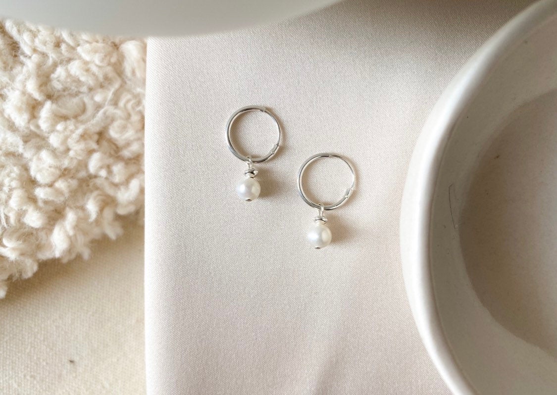 Small 12mm sterling silver hoops - fresh water pearl - huggies - high quality - hypoallergenic - good for sensitive ears - endless sleeper