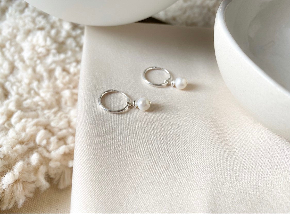 Small 12mm sterling silver hoops - fresh water pearl - huggies - high quality - hypoallergenic - good for sensitive ears - endless sleeper