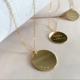 Custom stamped circle pendant necklace - 14/20 Gold fill - tarnish free - small font - made to last - hand stamped - personalized gift