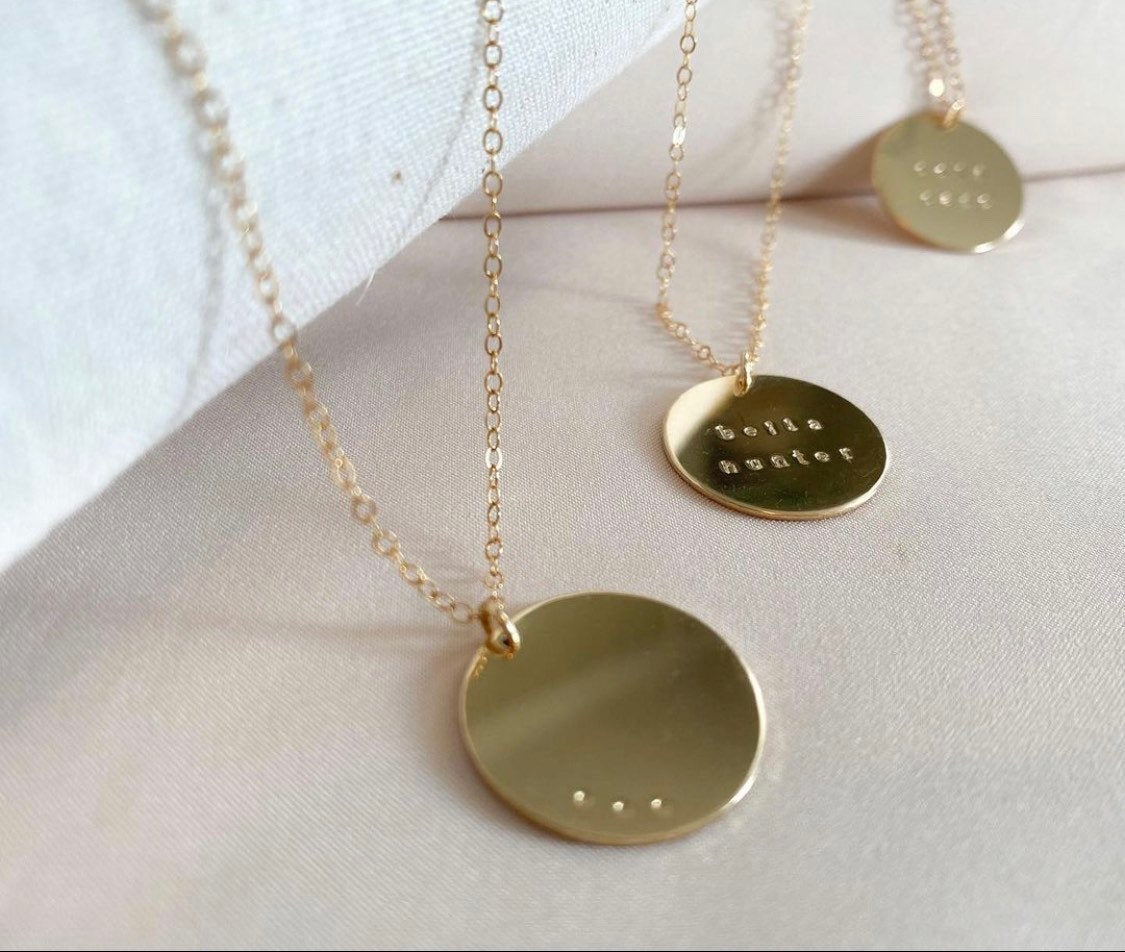 Custom stamped circle pendant necklace - 14/20 Gold fill - tarnish free - small font - made to last - hand stamped - personalized gift