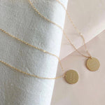 Custom stamped circle pendant necklace - 14/20 Gold fill - tarnish free - small font - made to last - hand stamped - personalized gift