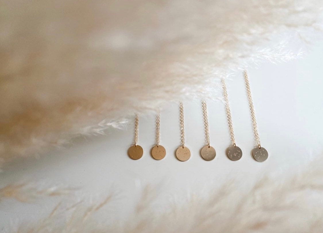 Constellation necklace circle pendant - custom - highest  quality 14/20 gold fill - tarnish resitant - hand stamped - star sign - astrology