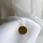 Custom stamped circle pendant necklace - 14/20 Gold fill - tarnish free - small font - made to last - hand stamped - personalized gift