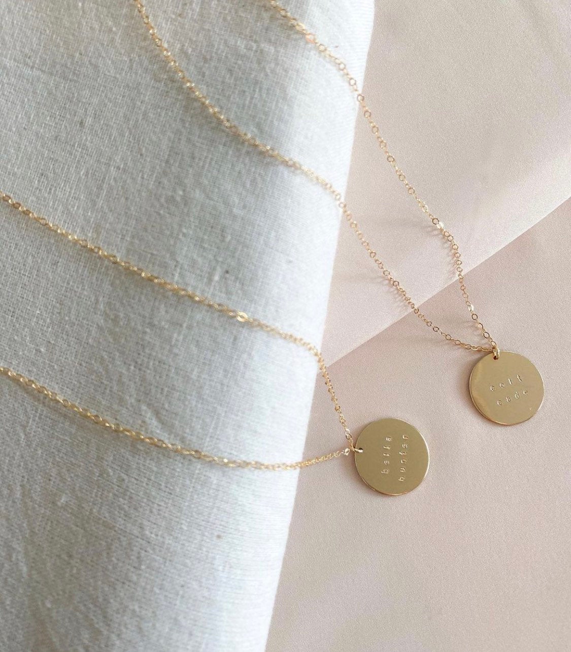 Custom stamped circle pendant necklace - 14/20 Gold fill - tarnish free - small font - made to last - hand stamped - personalized gift