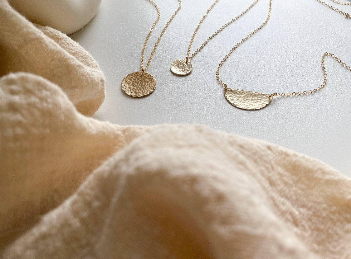 14k Gold filled hammered pendant necklace - Tarnish resistant - high quality - medallion pendant - half moon pendant - arch pendant